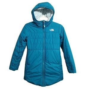 The North Face Girls' Teal Reversible Mossbud Swirl Parka Size Medium